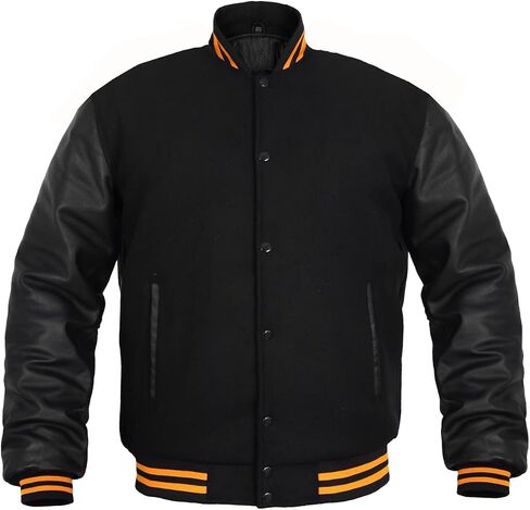 Men's Varsity Jacket Genuine Leather Sleeve and Wool Blend Letterman Boys College Varsity Jackets XS-5XL (US, Alpha, 3X-Large, Regular, Regular, Black/White) in Saudi Arabia