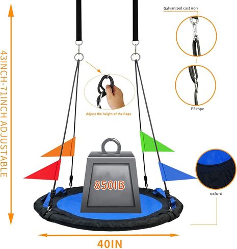 40 Inch Tree Swing for Kids Outdoor，Spider Web Tree Swing,850Lb Weight Capacity，900D Oxford Waterproof with Handles, with 71" Detachable Nylon Rope Swivel，for Backyard, Playground (Black-40Inch) in Kuwait