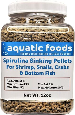 Aquatic Foods Inc. Spirulina Sinking Pellets for Shrimp, Snails, Crabs, Catfish, Plecos for All Tropical Fish 1/16" x 3/8" Pellets by Zeigler...12oz Small Jar in Saudi Arabia