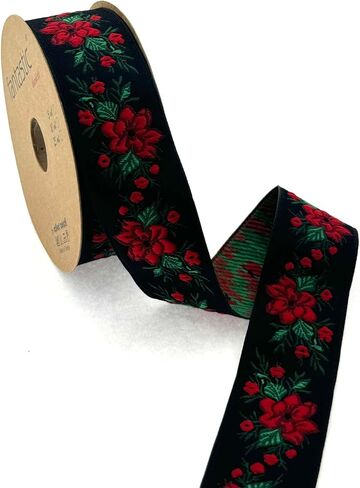 White and Black Designer Trim Floral Jacquard Fabric for Dress Embellishment and Home Decoration, 1.37 Inch 11 Yards Decorative Jacquard Ribbon, Sewing Trim Craft Ribbon in Kuwait