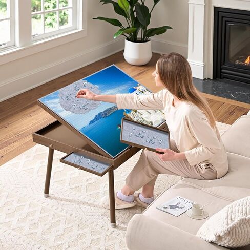 1500 Pieces Wooden Jigsaw Puzzle Board with Legs, 35"x26.8" Felt Mat Puzzle Table with 5 Drawers and Cover, 3 Adjustable Tilting Angles Up to 40° Puzzle Table for Adults and Teens, Brown in Saudi Arabia