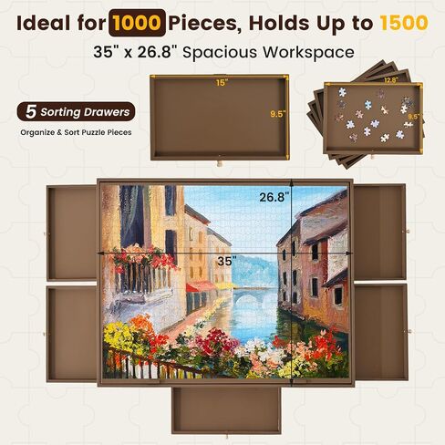 1500 Pieces Wooden Jigsaw Puzzle Board with Legs, 35"x26.8" Felt Mat Puzzle Table with 5 Drawers and Cover, 3 Adjustable Tilting Angles Up to 40° Puzzle Table for Adults and Teens, Brown in Saudi Arabia