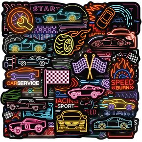 50pcs Neon Race Car موضوع ملصقات فينيل مقاوم للماء - ديكور السباق وفضلات الحفلات هدايا للكمبيوتر المحمول ، زجاجة ماء ، لوح التزلج
