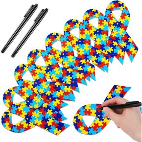 Qilery 100 PCS قطع الشريط التوحد الكبيرة مع 2 pcs marker pens paper piece piece cutouts colorful Autism Awarence Thoils for Crafts Charity Fundraiser Suppories Supplies