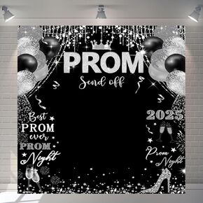 Prom 2025 Backdrop Backdrop Congrats Banner Black Sliver Glitter Balloons تهانينا للديكور الخريج على خلفية التخرج من التصوير الفوتوغرافي لحفلات حفلة موسيقية 78.7x70.8 بوصة