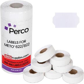 ملصقات بيضاء قياسية لاصقة من Perco لـ Meto 622/822 Price Gun - 7 Rolls ، 10،500 علامة مع 1 inker