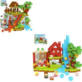 Magnetic Blocks Set Features Dual Themes: Stone House and Forest, Magnetic Blocks Features Dual Themes: Forest and Mine.
