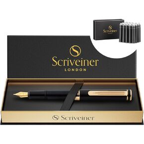 Scriveiner Silver Chrome Fountain Pen (Medium) ، قلم فاخر حائز على جوائز ، قلم جيب ثقيل مع الانتهاء من الذهب 24k ، حزمة مع خراطيش حبر القلم النافورة - Black - 20 Standard International Made in UK