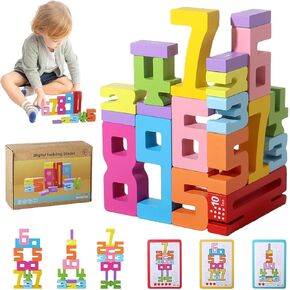 20PCS Wooden Number Building Blocks, Number Blocks Friends of Ten, Friends of Ten Blocks, 1-10 Balance Wooden Digital Building Blocks(20 Blocks & 15 Cards)