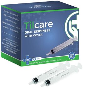 20ml Oral Dispenser Syringe with Covers 50 Pack by Tilcare - Sterile Plastic Medicine Food Droppers for Children, Pets or Adults – Latex-Free Oral Medication Dispenser - Large Feeding Tube Syringes