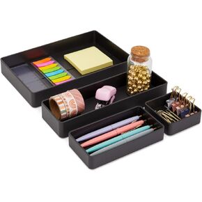 Stockroom بالإضافة إلى مجموعة من 4 صواني منظمات منظمات البلاستيك ، أسود ، 4 أحجام متنوعة ، مثالية لتجميل التجميل والمكتب والفصول الدراسية وجدول الكمبيوتر استخدام