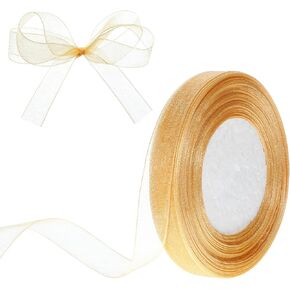 Gold Orgronza Ribbon ، 5/8 بوصة 50 ياردة شيفون شيفون الشيفون رقيقة من الأشرطة للهدايا لفائف ، باقة الزهور ، زفاف الزفاف ، الحرف ، الحاضر