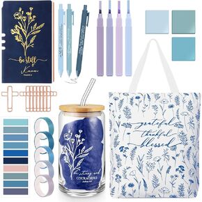 29 PCS Bible Journaling Kiter 16 Oz Glass Cup Canvas Bag Bage Leather Bookters Highlighters and الأقلام الملاحظات اللزجة أشرطة الورق مقاطع دراسة الكتاب المقدس هدية عيد الأم للنساء (Boho ، Blue)