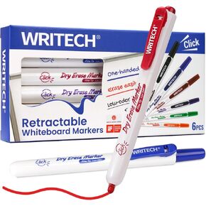 WRITECH Retractable Dry Erase Markers: Fine Point Clickable Colored Ink Marker Low Odor Erasable Thin Tip Refillable Multicolor Whiteboard Marker Pen Set 6ct No Bleed Smear