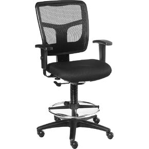 Lorell Ratchet Stool with Foot Ring, Mid-Back, Mesh Back with Fabric Seat, Black
