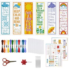 ORIGACH 6 Pcs Cross Stitch Bookmark Kit for Beginner Adults, Reading Sayings Stamped Embroidery Bookmark Kit with Instruction for Starters Printed Cross Stitch DIY Kits for Book Lovers