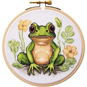 Generic Cartoon Green Frog DIY Stamped Cross Stitch Kits Easy for Beginners and Children with Hoop 11CT Needlepoint Counted Embroidery Kits Art Craft Wall Decoration 12x12inch(5)
