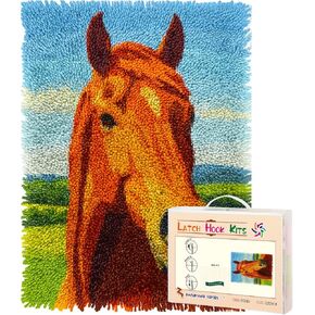 Latch Hook Rug Kit Brown Horse Head Portrait Pre-Printed Handmade Carpet Crochet Yarn Craft DIY Hook and Latch Door Mat Tapestry for Home Floor Decoration 52x38cm-4