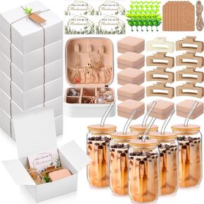 Quelay 56 PCS مجموعة هدايا اقتراح وصيفات الشرف ، 15 أوقية كوب زجاجي ، صندوق مجوهرات مصغرة ، مقاطع مربعة ، صندوق هدايا هل ستكون بطاقة دعوة وصيفات الشرف الخاصة بي لحفلة Bridal Shower Birlidesmaid Birkelorety (Pink)