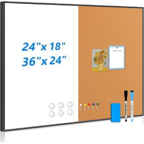 Cork Board White Board Combo - 24'' x 18'' - Half Bulletin Board - Half Magnetic Dry Erase Board - Black Aluminum Frame