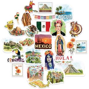 Navy Peony Enchanting Mexico Travel Standser (27 قطعة) - ألوان مائية ، مقاومة للماء ، تحت عنوان البلد | شارات العيد المفعمة بالحيوية للمجلات وكتب القصاصات وزجاجات المياه والهدايا التذكارية