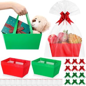 12 Pcs Mother's Day Basket Empty Kit 9.8 x 6.5'' Red Pink Gift Basket Empty to Fill Bulk with Handles Plastic Bags Pull Bows Twists for Holiday Valentine Wedding Birthday Party Wrapping