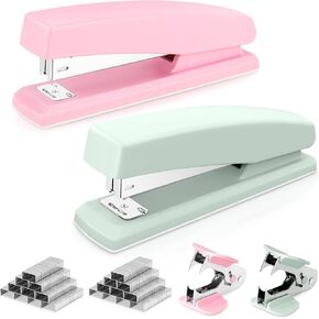 deli Stapler, 2 Pack, Includes 2000 Stapler & 2 Stapler Remover, Pink & Green