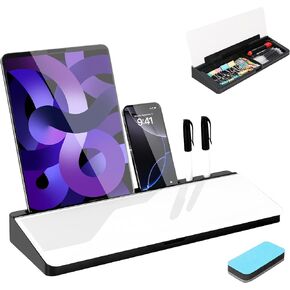 Kvy Desk Whiteboard مع التخزين ، زجاج سطح المكتب الجاف محو المنظمين اللوحات البيضاء اللوازم مع الملحقات للمكتب ، المنزل ، أساسيات المدرسة (أبيض)