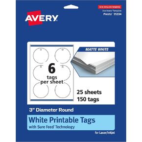 Avery Printable Round Tags with Sure Feed Technology, 3" Diameter, Matte White Cardstock, Print-to-the-Edge, Laser/Inkjet, 150 Total, Great for Custom Gift Tags and Branding Tags