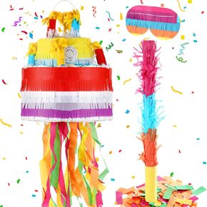 Poen Cake Piñata لعيد ميلاد حفلة متعة Fiesta المكسيكية Cinco de Mayo الذكرى الذكرى ديكورات الاحتفال 8.7 × 7.5 × 7.5 بوصة عيد ميلاد مع عصا عصا العصا ، وتوازم الحفلات الحلوى