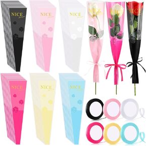300 pcs أحكام زهرة واحدة تغليف أكياس غامضة لطيفة Love You Single Rose Sleeve Bage Bag Plastic Plastic Platial Plans Plassy With 6 Ribbon for Wedding Mother's Day Birthday