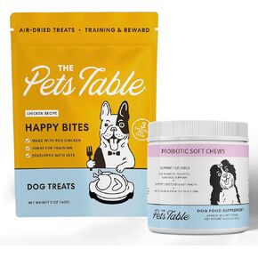The Pets Table, Bundle of Chicken Grain-Free Air-Dried Dog Treats, 5-Ounce Bag Probiotic Soft Chews Duck Flavored Gut Health Supplement for Dogs, 60 Chews (Pack of 2)