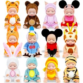 12 PCS MINI Baby Dolls ، 4 بوصات واقعية واقعية صغيرة طفل دمى مع ملابس حيوانية ، وهدايا دمية طفل لطيف للفتيات عيد ميلاد استحمام الطفل