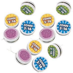 Fun Express Metal "John 3:16" Yoyos - ألوان متنوعة ، 2 "(حزمة من 12) - مثالية لحفلات أعياد الميلاد ، أحداث الكنيسة ، مدارس الأحد ، والتجمعات الدينية