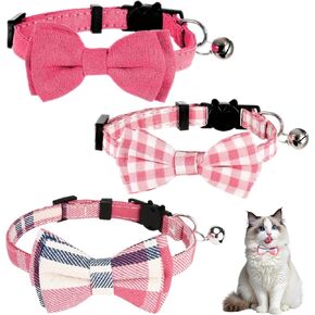 3 PCS طوق القط لطيف مع Bowtie و Bell ، وربطة عنق القطط القابلة للتعديل لفتاة بوي القطط (الوردي)