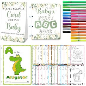 Wnink Baby First ABC Book & Baby Shower - بطاقات تلوين من A إلى Z مع 24 أقلامًا مائية ، ونشاط تفاعلي ممتع للضيوف ، بديل فريد من نوعه عن دفتر الضيوف (موضوع الفراولة)