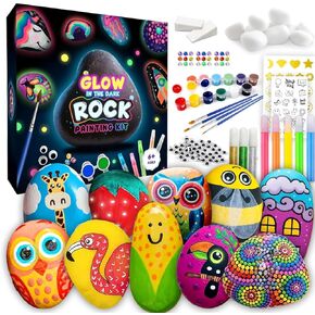 طقم الطلاء الصخري - توهج في The Dark ، 60+ PCS Arts and Crafts Rock Painting Kit للأطفال 6-12 ، اللوازم الفنية مع الوهج والدهانات القياسية ، ألعاب في الهواء الطلق للبنين والبنات عيد ميلاد وهدايا عيد الفصح