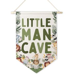 لافتات الحضانة في Artisaeura Little Man Cave Canvas ، ديكور حضانة Safari ، Woodland Animal Hanging Display Banner Banner ، وحيوانات الحضانة جدار ديكور للأطفال الأولاد غرفة نوم غرفة نوم
