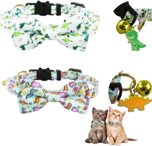 2 Pack Cat Collars Breakaway for Boy Girls, Cute Soft Kitty Cat Bowtie Collar with Bells for Male Female, Dinosaurs Pattern Cotton Adjustable Kitten Collar with Bow Tie (Dinosaur) in Saudi Arabia