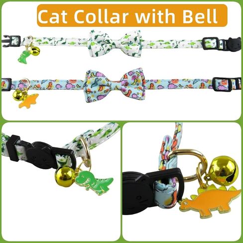 2 Pack Cat Collars Breakaway for Boy Girls, Cute Soft Kitty Cat Bowtie Collar with Bells for Male Female, Dinosaurs Pattern Cotton Adjustable Kitten Collar with Bow Tie (Dinosaur) in Saudi Arabia