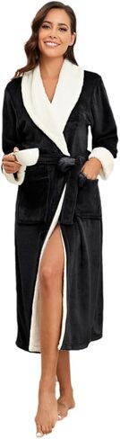 RONGTAI Plush Fleece Bathrobe for Women, Long Robe with Two Side Pockets and Belt, Warm and Cozy Fluffy Sleepwear Nightgown in Kuwait