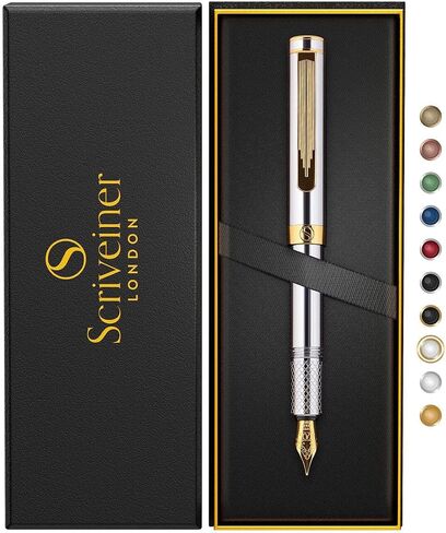 Scriveiner Silver Chrome Fountain Pen (Medium) ، قلم فاخر حائز على جوائز ، قلم جيب ثقيل مع الانتهاء من الذهب 24k ، حزمة مع خراطيش حبر القلم النافورة - Black - 20 Standard International Made in UK in Kuwait