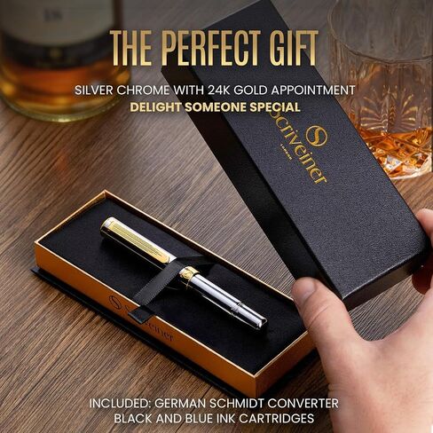Scriveiner Silver Chrome Fountain Pen (Medium) ، قلم فاخر حائز على جوائز ، قلم جيب ثقيل مع الانتهاء من الذهب 24k ، حزمة مع خراطيش حبر القلم النافورة - Black - 20 Standard International Made in UK in Kuwait