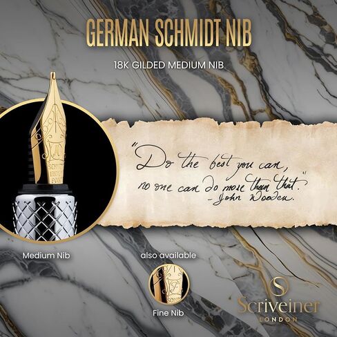 Scriveiner Silver Chrome Fountain Pen (Medium) ، قلم فاخر حائز على جوائز ، قلم جيب ثقيل مع الانتهاء من الذهب 24k ، حزمة مع خراطيش حبر القلم النافورة - Black - 20 Standard International Made in UK in Kuwait