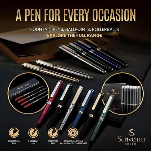 Scriveiner Silver Chrome Fountain Pen (Medium) ، قلم فاخر حائز على جوائز ، قلم جيب ثقيل مع الانتهاء من الذهب 24k ، حزمة مع خراطيش حبر القلم النافورة - Black - 20 Standard International Made in UK in Kuwait