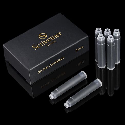 Scriveiner Silver Chrome Fountain Pen (Medium) ، قلم فاخر حائز على جوائز ، قلم جيب ثقيل مع الانتهاء من الذهب 24k ، حزمة مع خراطيش حبر القلم النافورة - Black - 20 Standard International Made in UK in Kuwait