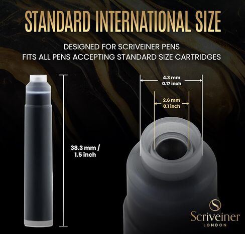 Scriveiner Silver Chrome Fountain Pen (Medium) ، قلم فاخر حائز على جوائز ، قلم جيب ثقيل مع الانتهاء من الذهب 24k ، حزمة مع خراطيش حبر القلم النافورة - Black - 20 Standard International Made in UK in Kuwait