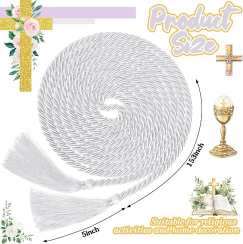 153 Inch Cincture Clergy Rope with Tassels Monks Religious Rites Celebrating Masses Alba Robes Vestments Ceremonial Decor of Christian Denominations for Priest Deacon Altar Server (White) in Kuwait