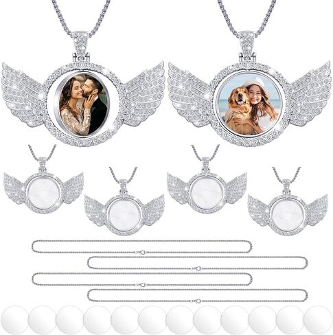 Junkin 24 Pcs Sublimation Rhinestone Trays Pendant Set, Including 6 Double Sided Blank Rhinestone Bezel Trays, 6 Pcs Thick Chains with 12 Sublimation Discs for Making in Kuwait
