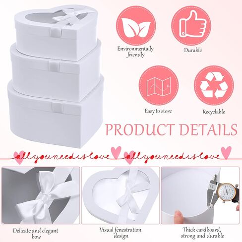 Set of 3 Heart Shaped Boxes for Flowers Valentine‘s Day Gift Boxes Packaging with Transparent Window Lids for Luxury Flower Arrangements Flower Box Gift Wrap Boxes for Wedding Birthday (White) in Saudi Arabia